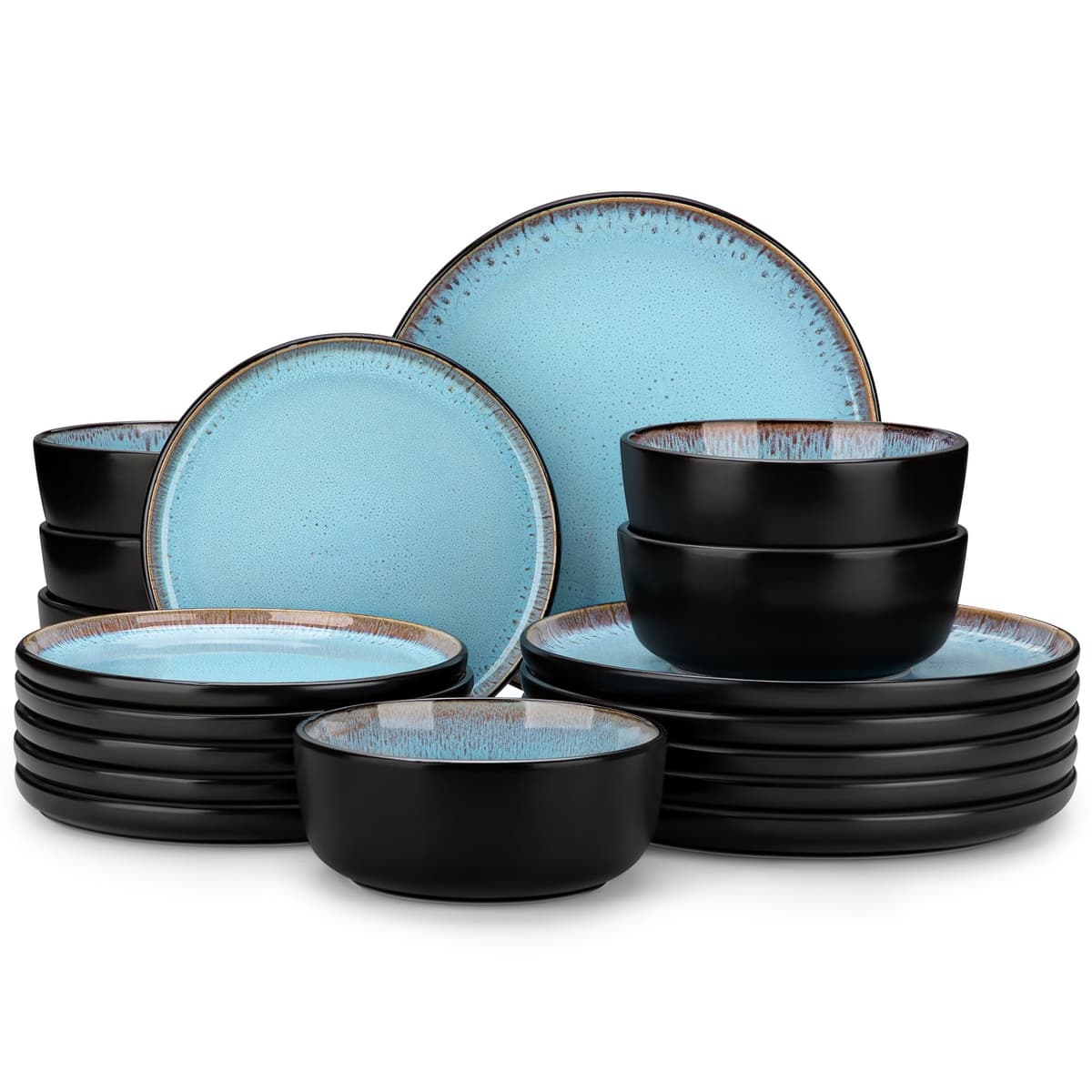 vancasso Amber 18 Pieces Dinner Set for 6, Reactive Glaze Stoneware Plates and Bowls Set, Blue Crockery Set with Dinner Plates, Dessert Plates & Cereal Bowls, Microwave & Dishwasher Safe
