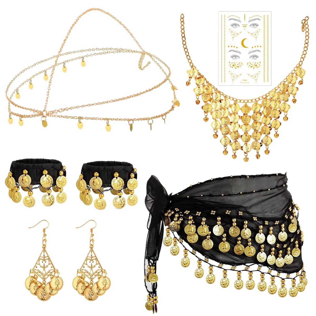 MLPKOI 8 Sets Cinturón de Danza del Vientre, Pañuelo Danza del Vientre Mujer, Pañuelo de Cadera para Espectáculo y Fiesta, con Monedas De Oro Pendientes Collar Pulseras y tocados, Carnaval Disfraces