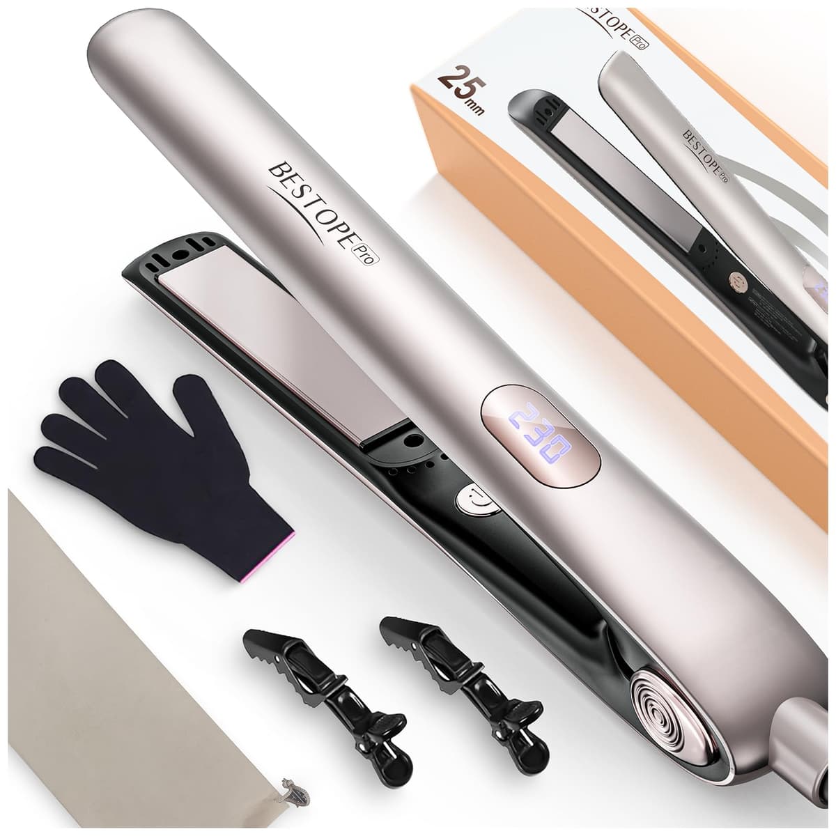 Planchas del Pelo Con Pantalla Digital - Plancha de Pelo Profesional, Tecnología Iónica Anti Frizz, Placas Flotantes Extralargas, Calentamiento Rápido, 5 Ajustes de 120°C a 230°C (Champán)
