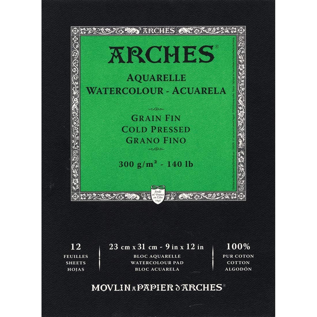 Arches - Papel de acuarela, bloc 12 hojas engomado 1 lado, grano fino, 300 g/m², 23 x 31 cm