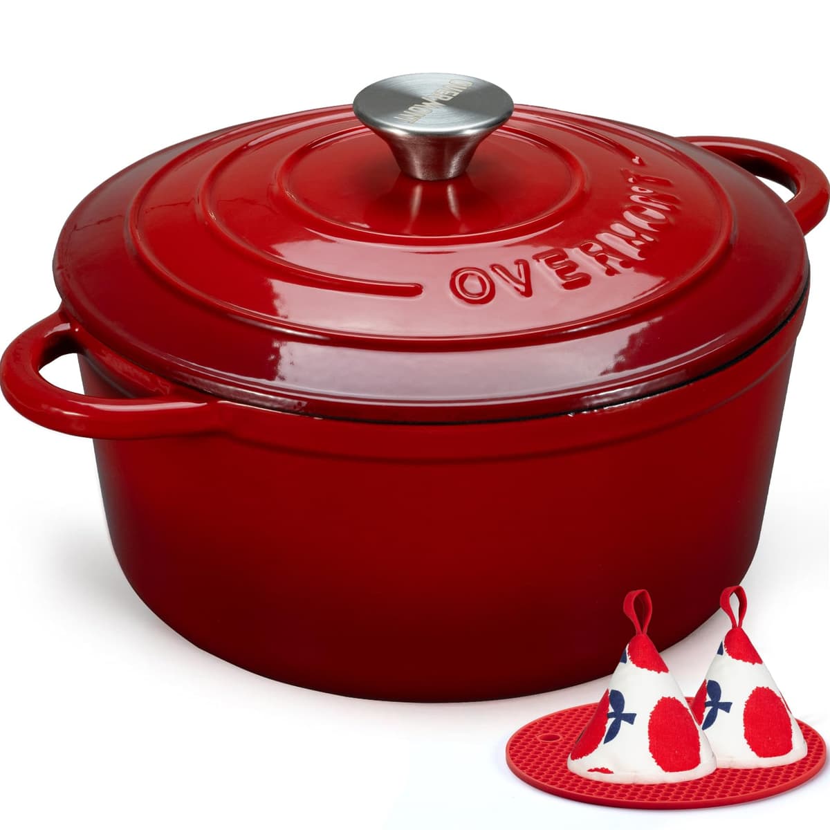 Overmont Olla de Hierro Fundido - Antiadherente Cacerola Holandesa de Esmaltado con Tapa - Ø28 CM Redonda Cacerola Holandesa para Cocinas de Inducción - Rojo
