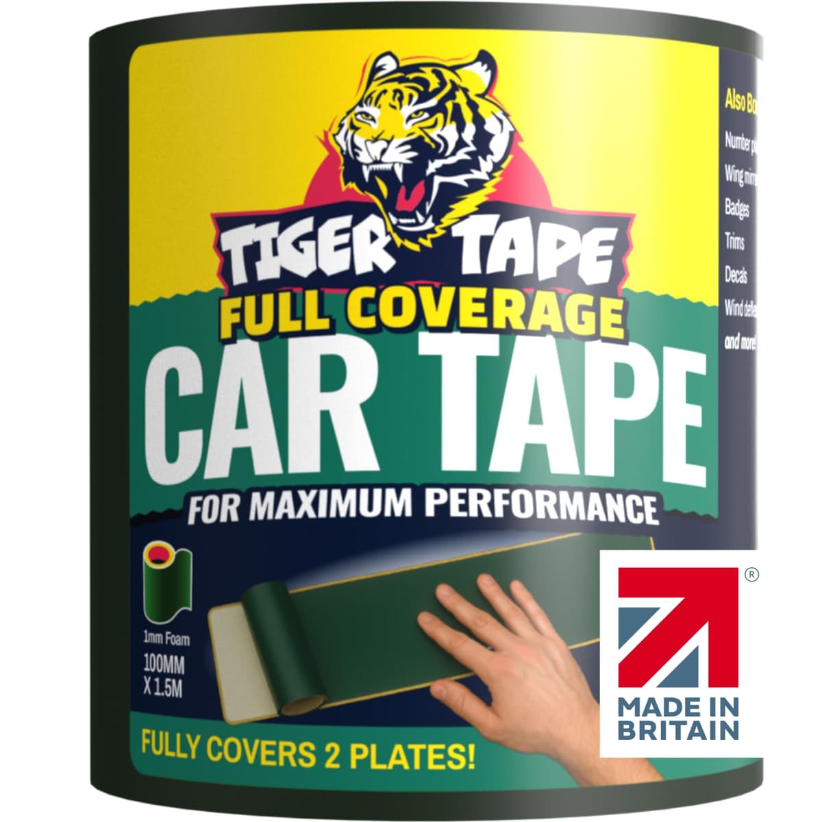 Tiger Tape® UK Made. Heavy Duty Max Hold Number Plate Roll | Fully Covers 2 x UK License Plate. Extra Strength Automotive Grade Adhesive. Ultimate High Performance Grip | Fits all UK Vehicles Full Coverage Roll (2 Plates)