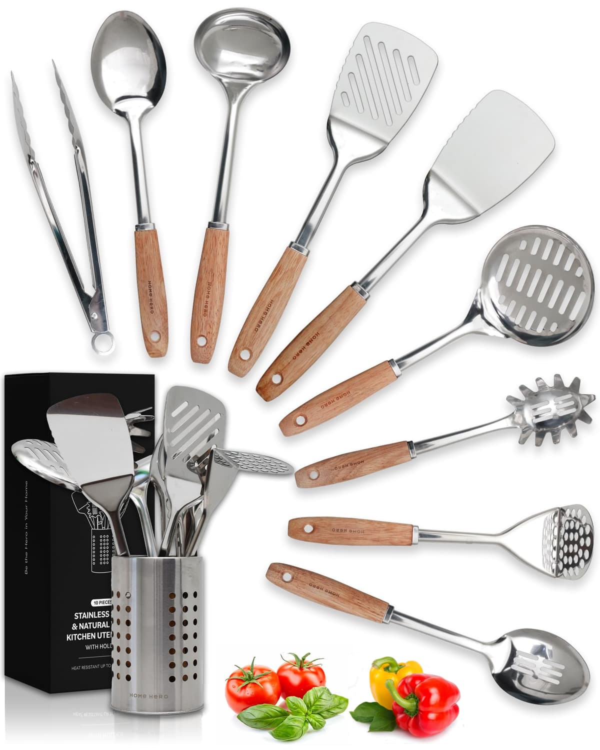 Home Hero Stainless Steel Kitchen Utensils Set - Nonstick Cooking Utensils Set - Heat Resistant Kitchen Essentials & Metal Kitchen Gadgets (10 pcs - Wood and Stainless Steel)
