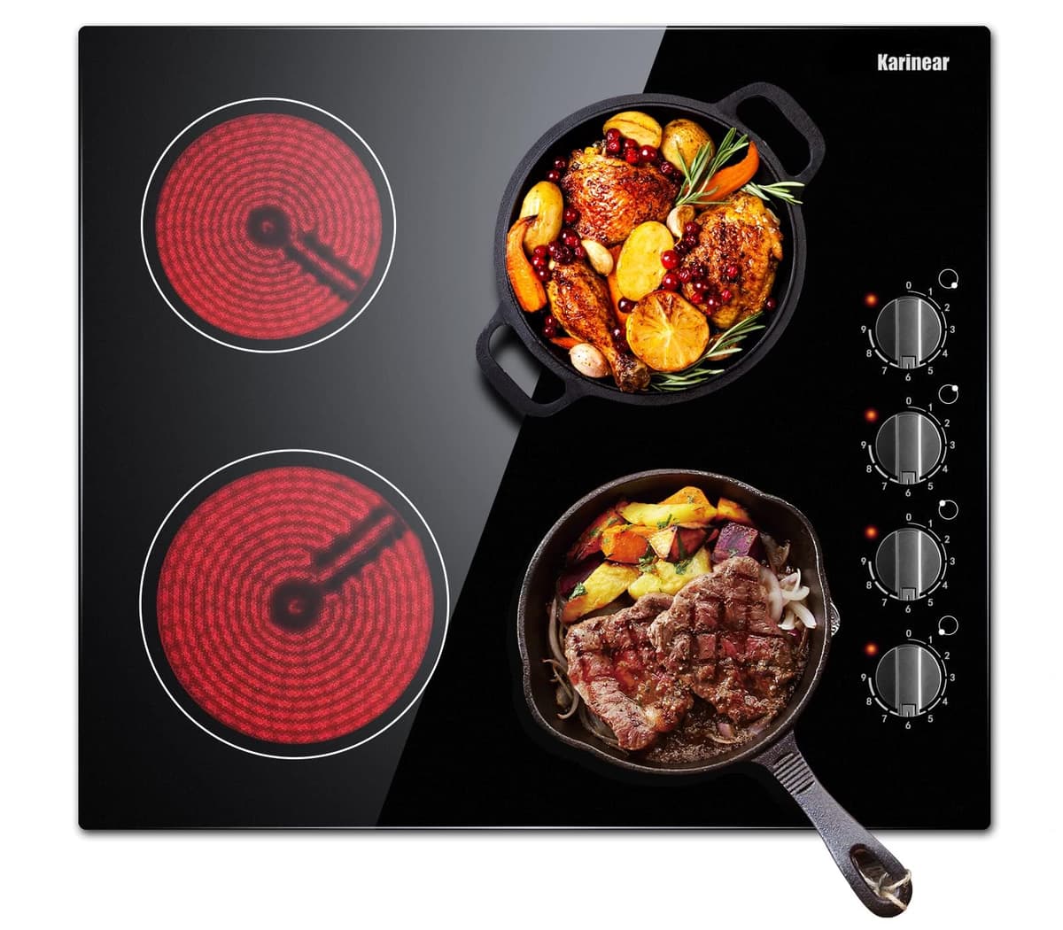 Karinear Ceramic Hob, 60cm Built-in 4 Zones Ceramic Hob with Konb Control 6000W, Hard Wired, No Plug Included