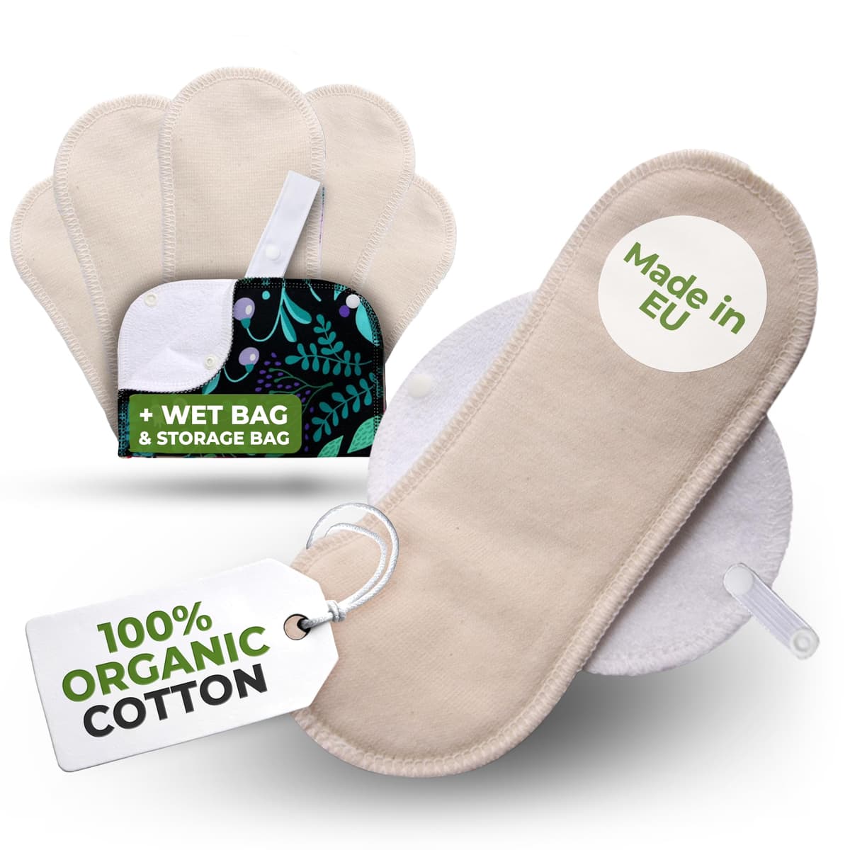 Compresas reutilizables en algodón orgánico para flujo ligero (S+M, 6 uds.); lavables a alta T°, HECHAS EN LA UE; suaves y no irritantes, compresas de tela para una higiene menstrual cómoda de mujeres