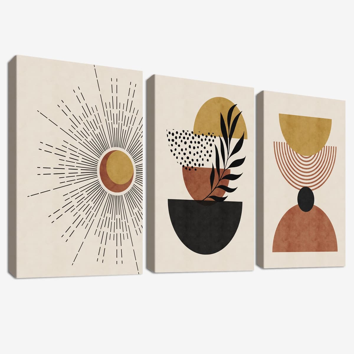 3Pcs Wooden Framed Boho Canvas Wall Art Beige Ginger Orange Abstract Leaves Sun Painting Canvas Prints Nordic Minimalist Picture for Living Room Bedroom Hallway Home Wall Decor 120x60cm(16"x24"x3pcs)