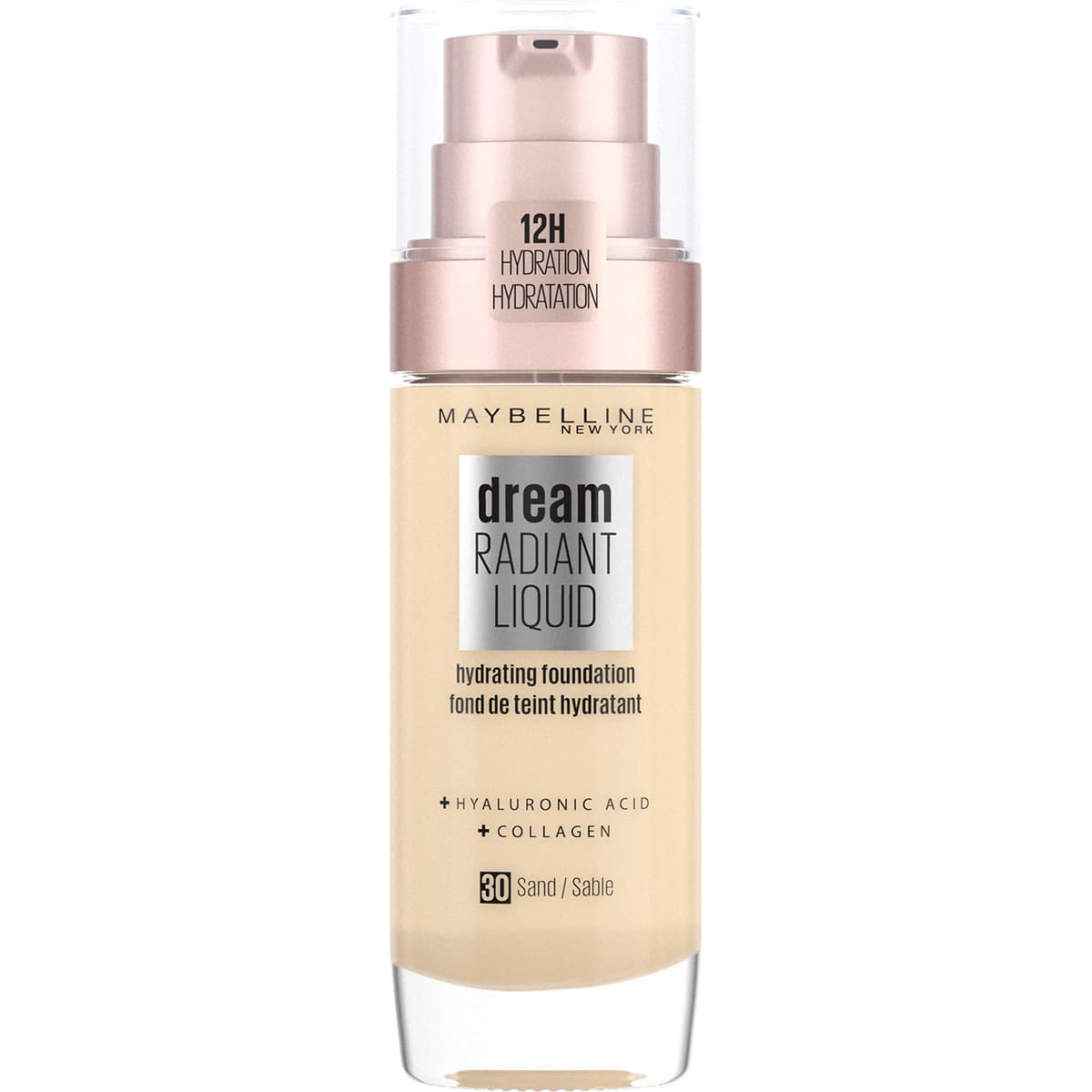 Maybelline Foundation, Dream Radiant Liquid Hydrating Foundation with Hyaluronic Acid and Collagen - Lightweight, Medium Coverage Up to 12 Hour Hydration, 30 Sand