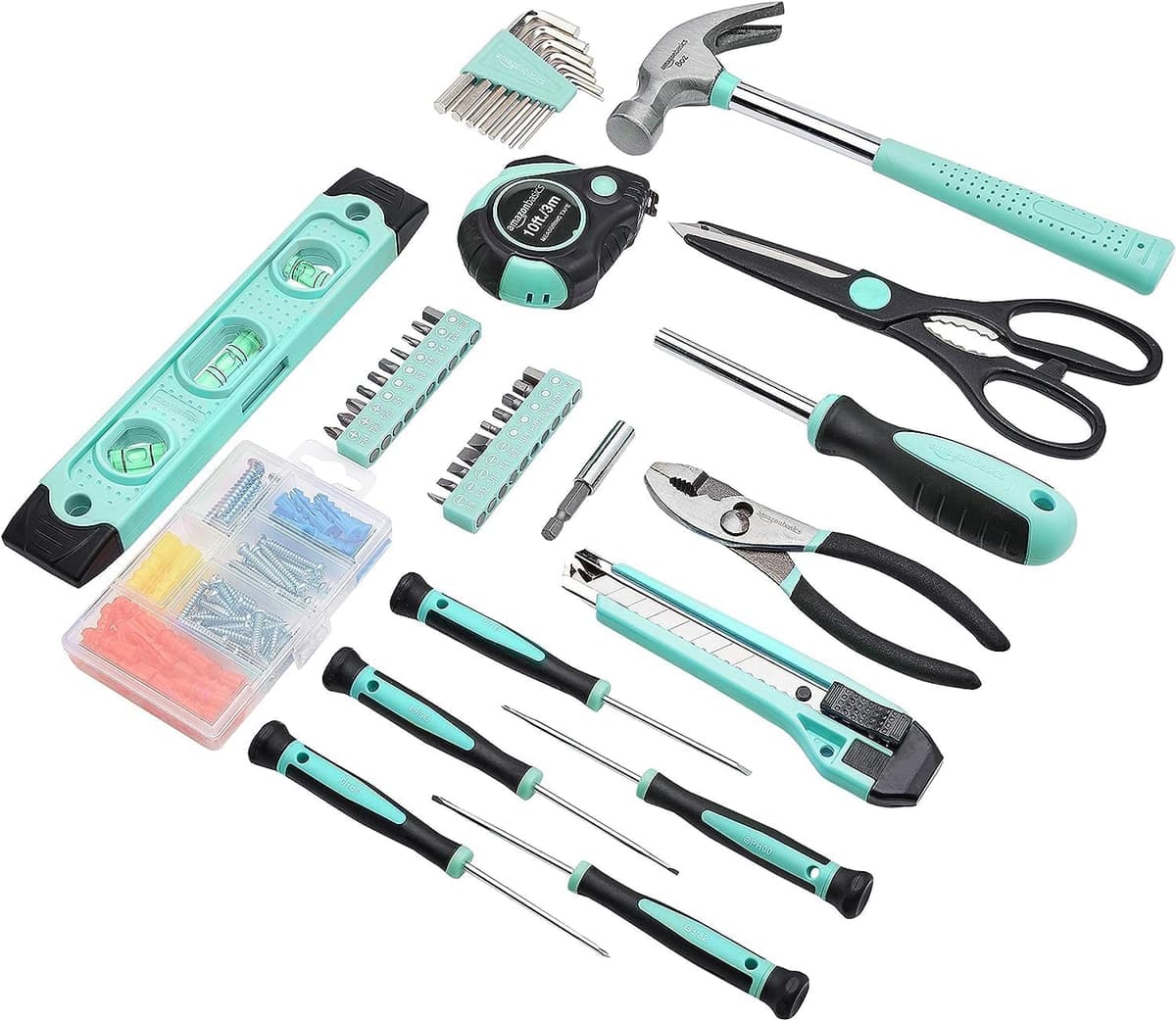 Amazon Basics - Kit de herramientas para el hogar con estuche, 142 unidades, Azul Turquesa, 34 x 23,5 x 7,5 cm