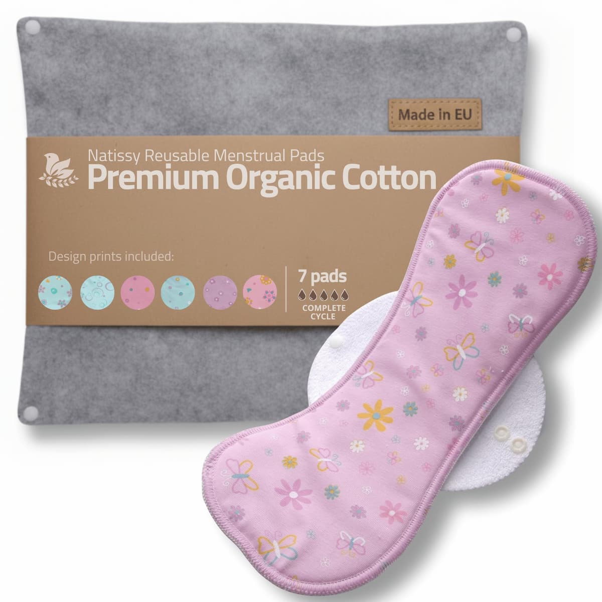 Compresas reutilizables en algodón orgánico para flujo menstrual ligero y abundante (S+M+L+XL, 7 uds); lavables a alta T°, HECHAS EN LA UE; suaves, no irritantes y cómodas, compresas tela para mujeres