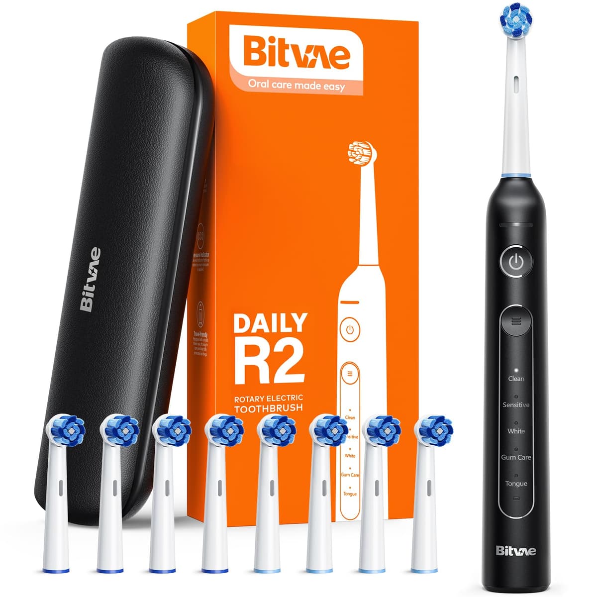 Cepillo Eléctrico Bitvae R2, Doble Poder de Limpieza, Suave con las Encías, Recarga Cada 30 Días, 5 Modos, Sensor de Presión, 8 Cabezales y 1 Estuche de Viaje, Negro