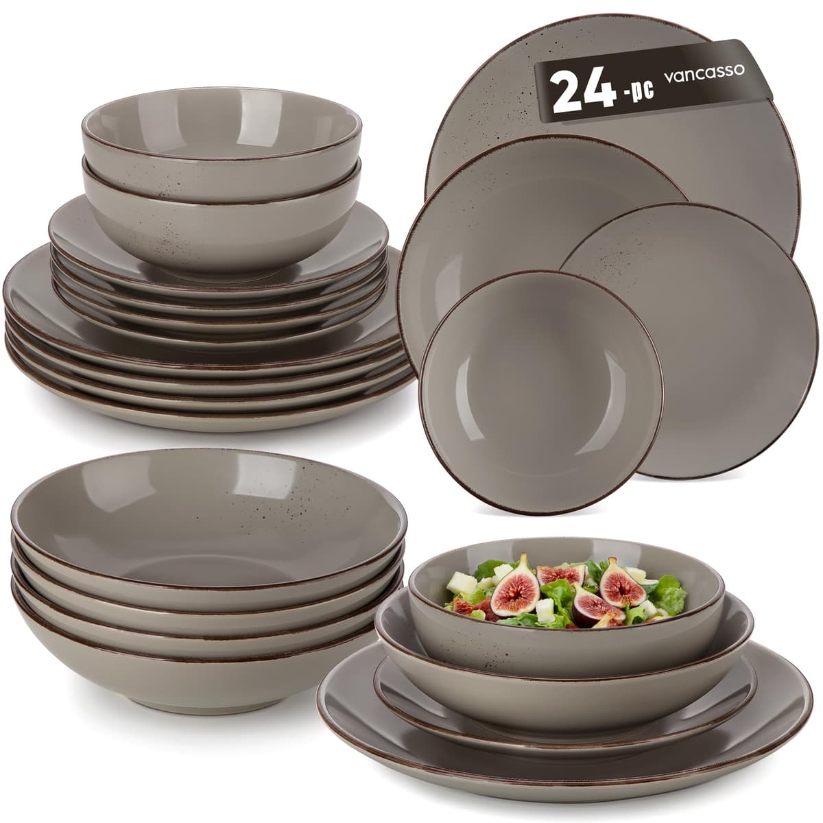 vancasso Navia 24 Pieces Stoneware Dinner Set for 6, Vintage Look Grey Tableware Set with Dinner Plates, Dessert Plates, Soup Bowls & Cereal Bowls, Dishwasher & Microwave Safe
