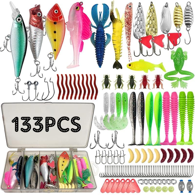 ZhaoCaiWJ 133 Piezas Señuelos de Pesca Kit Completo - Cebos Artificiales Mixtos con Caja de Aparejos: Vinilos, Cucharillas, Ranas y Anzuelos - Equipo de Pesca Spinning para Mar y Río (Black Bass, Truc