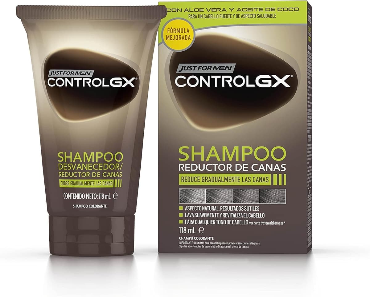 Just For Men Control GX Champú Reductor de Canas para Hombre, Reduce Las Canas Gradualmente en Cada Lavado, Con Aceite De Coco Y Aloe Vera, Para Todos Los Tonos, 118ml