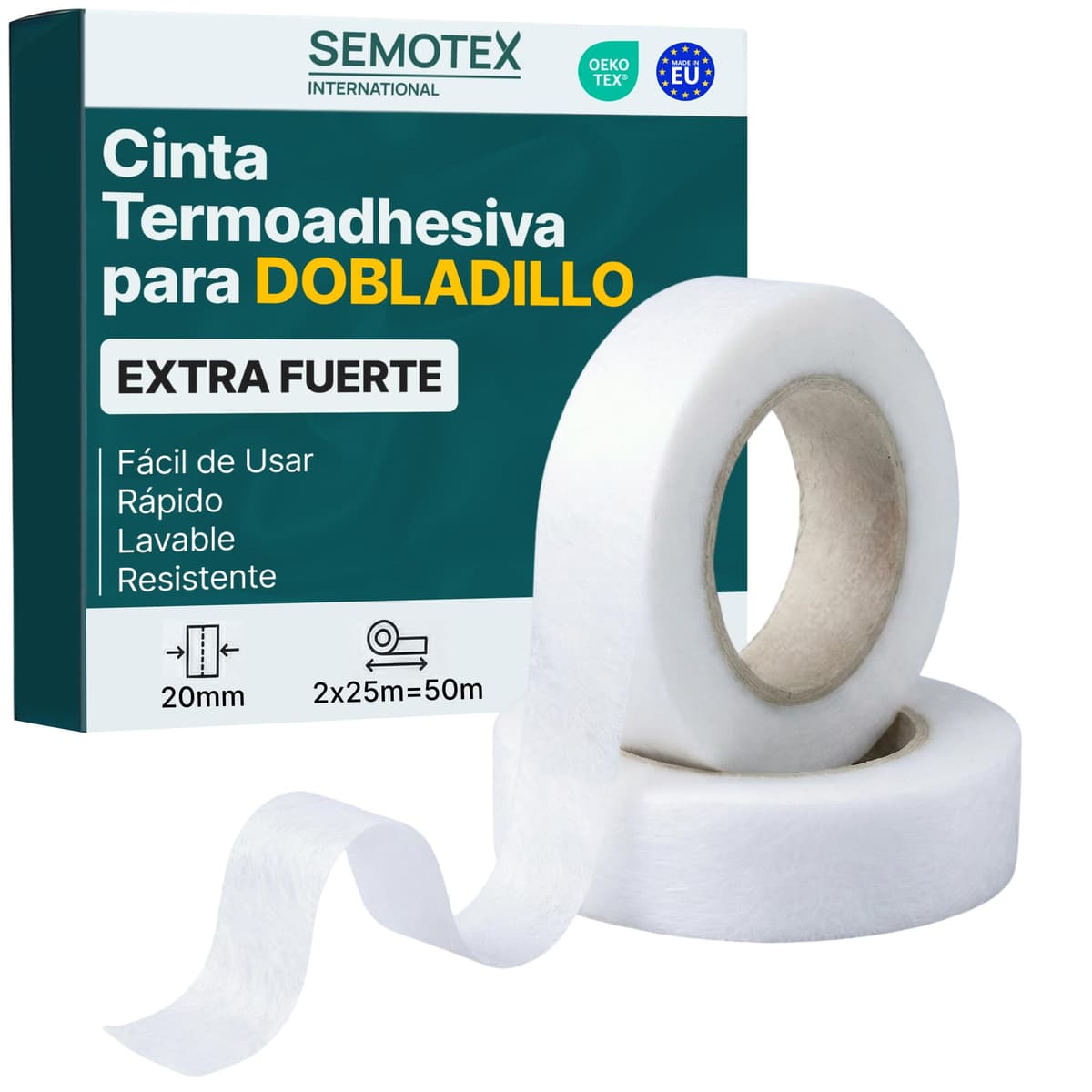 Cinta Termoadhesiva para Dobladillos EXTRA FUERTE - 50 Metros x 20 mm - Cinta Adhesiva Dobladillos. Cinta para Cortinas, Bajo Pantalón, Vestidos, Vaqueros - 20 milímetros ancho