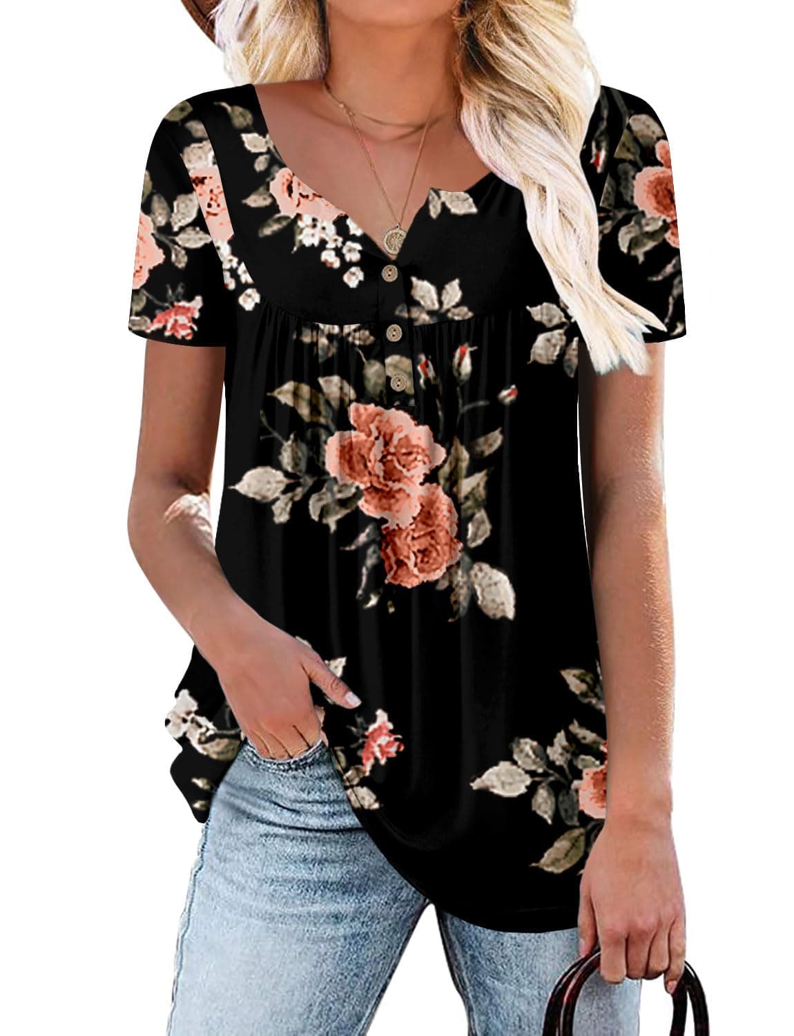 KISSMODA Ladies Pleated Tunic Tops for Women Buttons up Long Sleeve Shirts Floral Print