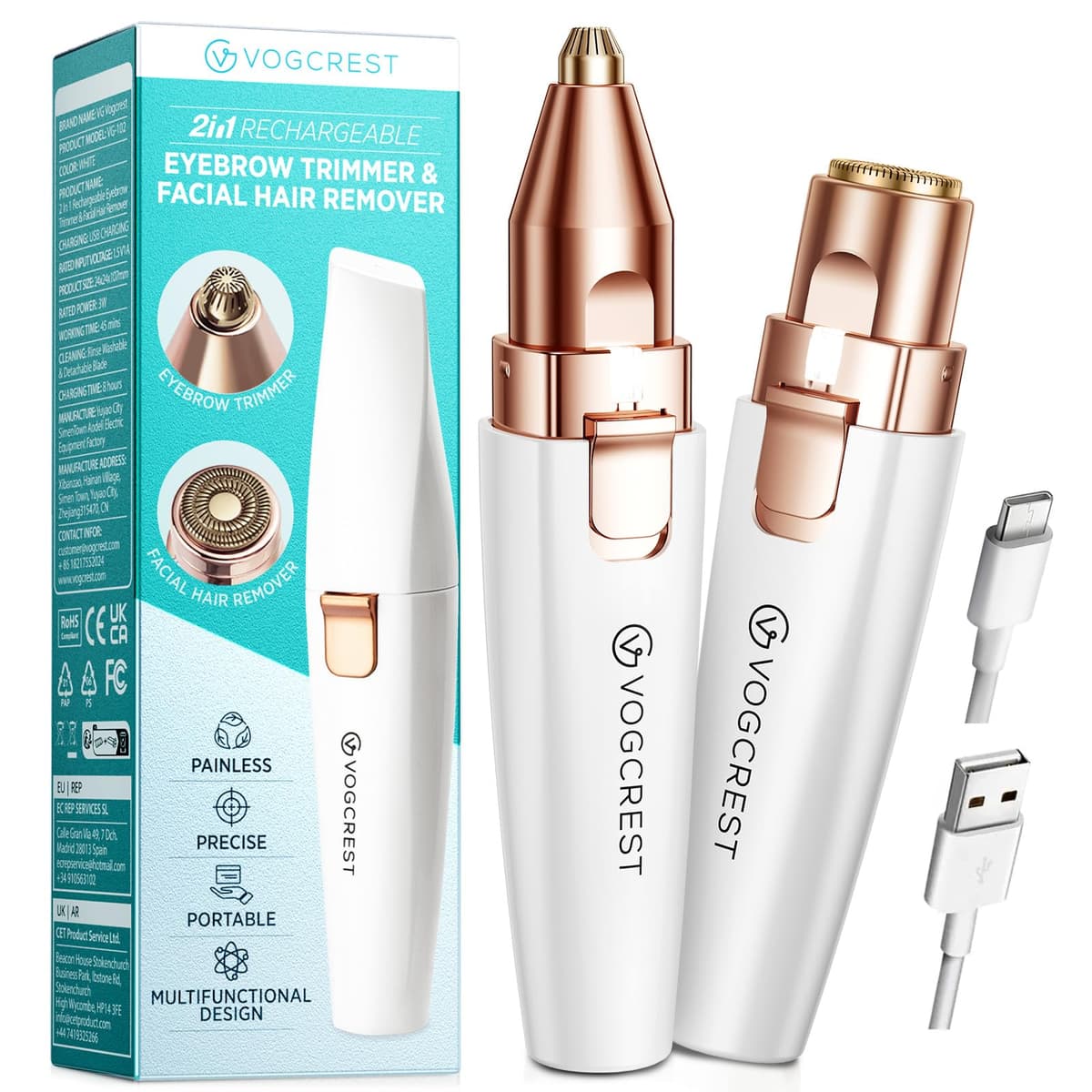 VG VOGCREST Recortadora facial de cejas: depilación facial recargable 2 en 1 y afeitadora de cejas, afeitadora facial sin dolor con luz LED integrada (blanco)