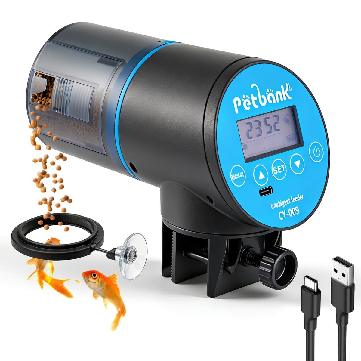 Petbank USB Charger Alimentador Automático Acuarios con Temporizador Recargable, Dispensador Comedero Acuario con Pantalla LCD, Dispensador Comida Peces Automatico, Azul