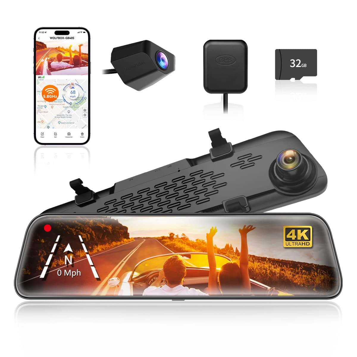 WOLFBOX G840S 12" 4K Mirror Dash Cam with 5.8GHz WiFi, 2160P Full HD Smart Rearview Mirror for Cars & Trucks, Front and Rear Dual Cameras, Night Vision, Reverse Assist, Included 32GB Card & GPS