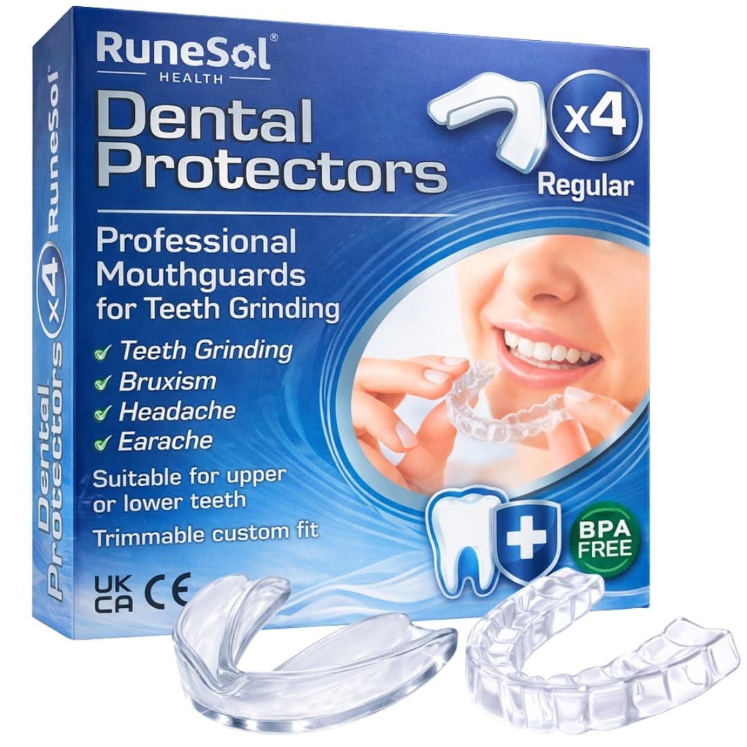 Runesol ferula descarga bruxismo, 4 x Normal, ferula dental bruxismo, protector bucal para dormir, ferulas de descarga para bruxismo, ferula dental noche, funda dientes, felulas Bucales dentales