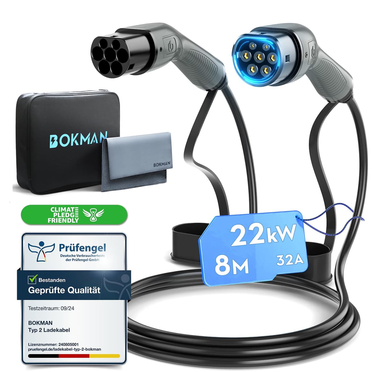bokman Type 2 EV Charging Cable, Mode 3 / 32A / 22KW / 3 Phase / 8 Meter, Electric Vehicle Car Plug-in Hybrid Type 2 to Type 2 Fast Charging Cable