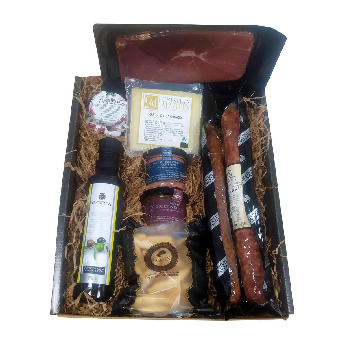 Deliex Gourmet Gift Basket with La Chinata Oil, Ham, Lot of Iberians, Cheese, Patés, Peaks... Original Gifts for Men and Women (Basket with Cheese)