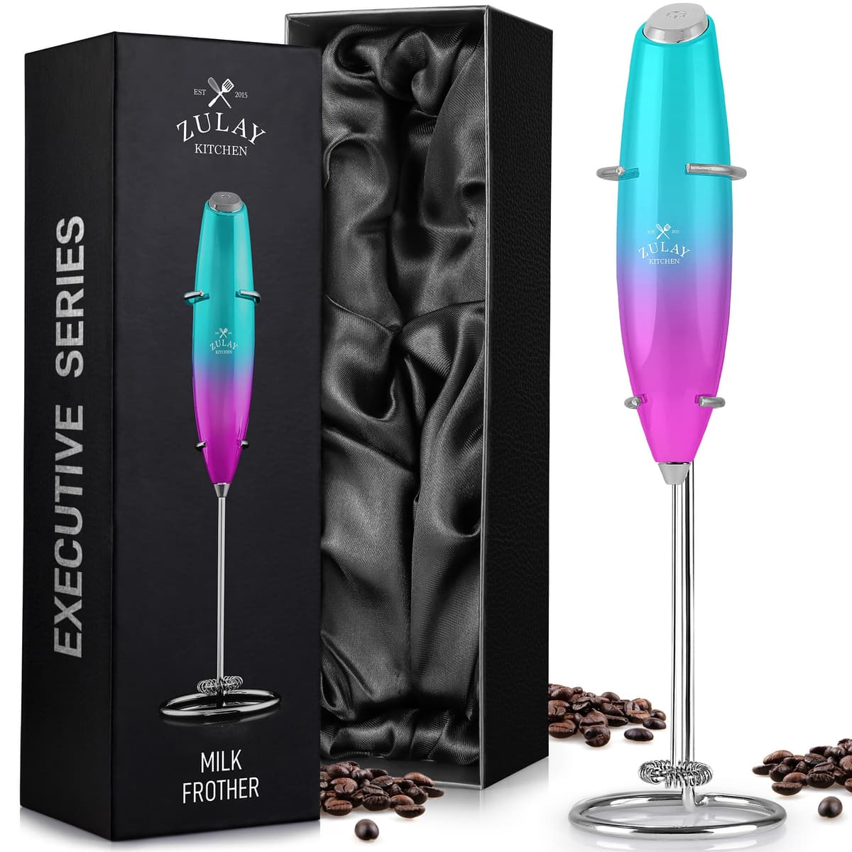 Zulay Executive Series - Espumador de leche de regalo para café con acabado lujoso y radiante, espumador de café de mano, espumador de leche eléctrico de mano para lattes (verde azulado y rosa