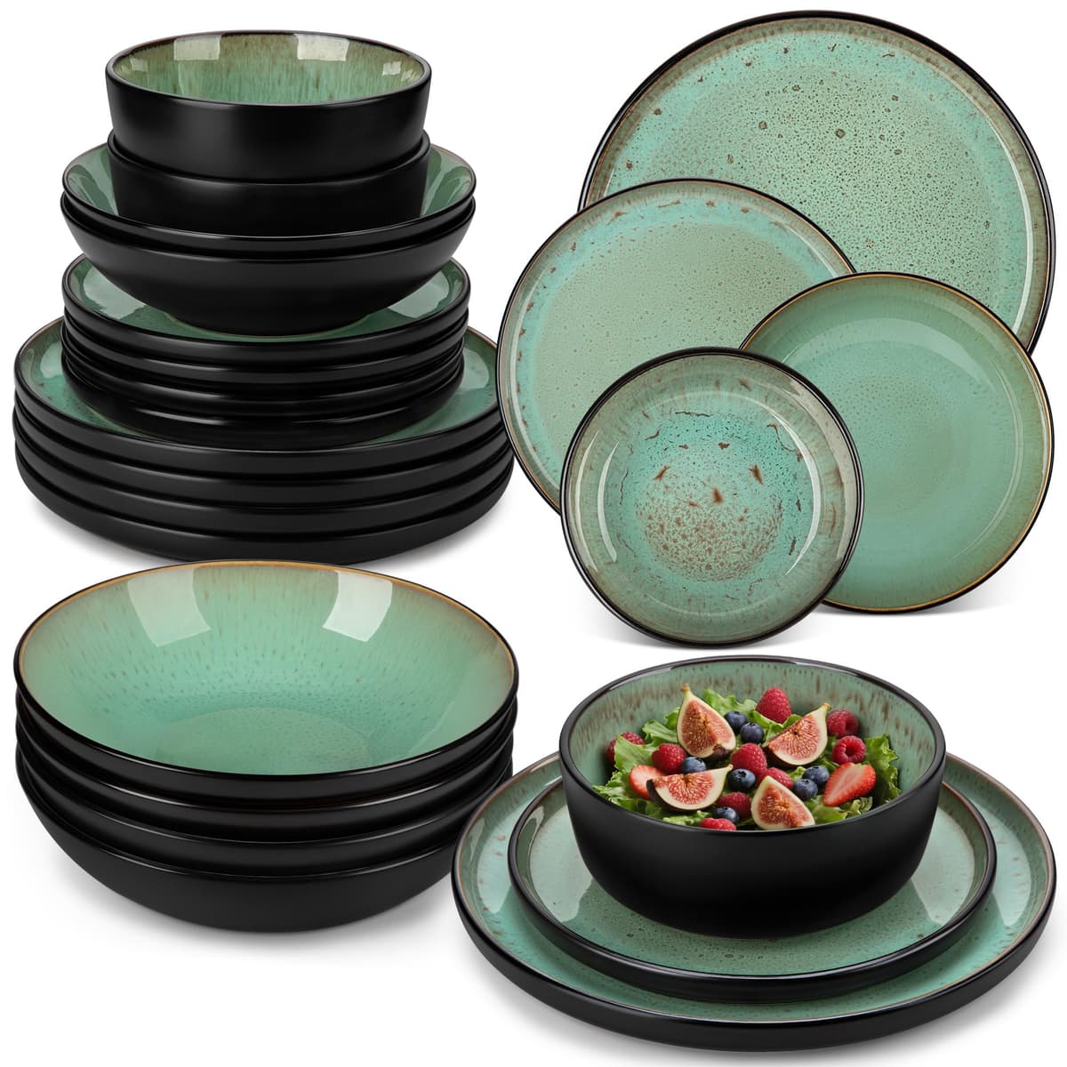 vancasso Amber 24 Pieces Dinner Set for 6, Reactive Glaze Stoneware Plates and Bowls Set, Green Crockery Set with Dinner Plates, Dessert Plates, Soup Bowls & Cereal Bowls, Microwave & Dishwasher Safe