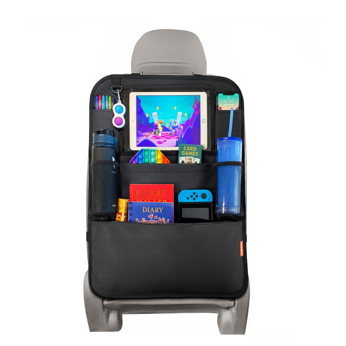 Car Seat Organiser - Kids Back Seat Organiser, Storage Pockets, Screen Holder, Black, 1 Pack