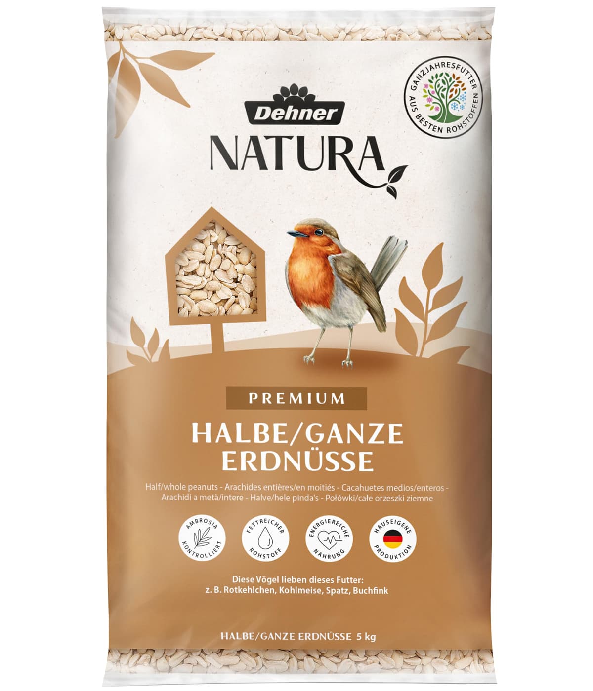 Dehner Natura Premium - Comida para Aves Silvestres (Cacahuetes Enteros, sin cáscara, para Todo el año, Rico en proteínas, Alta energía, 5 kg)