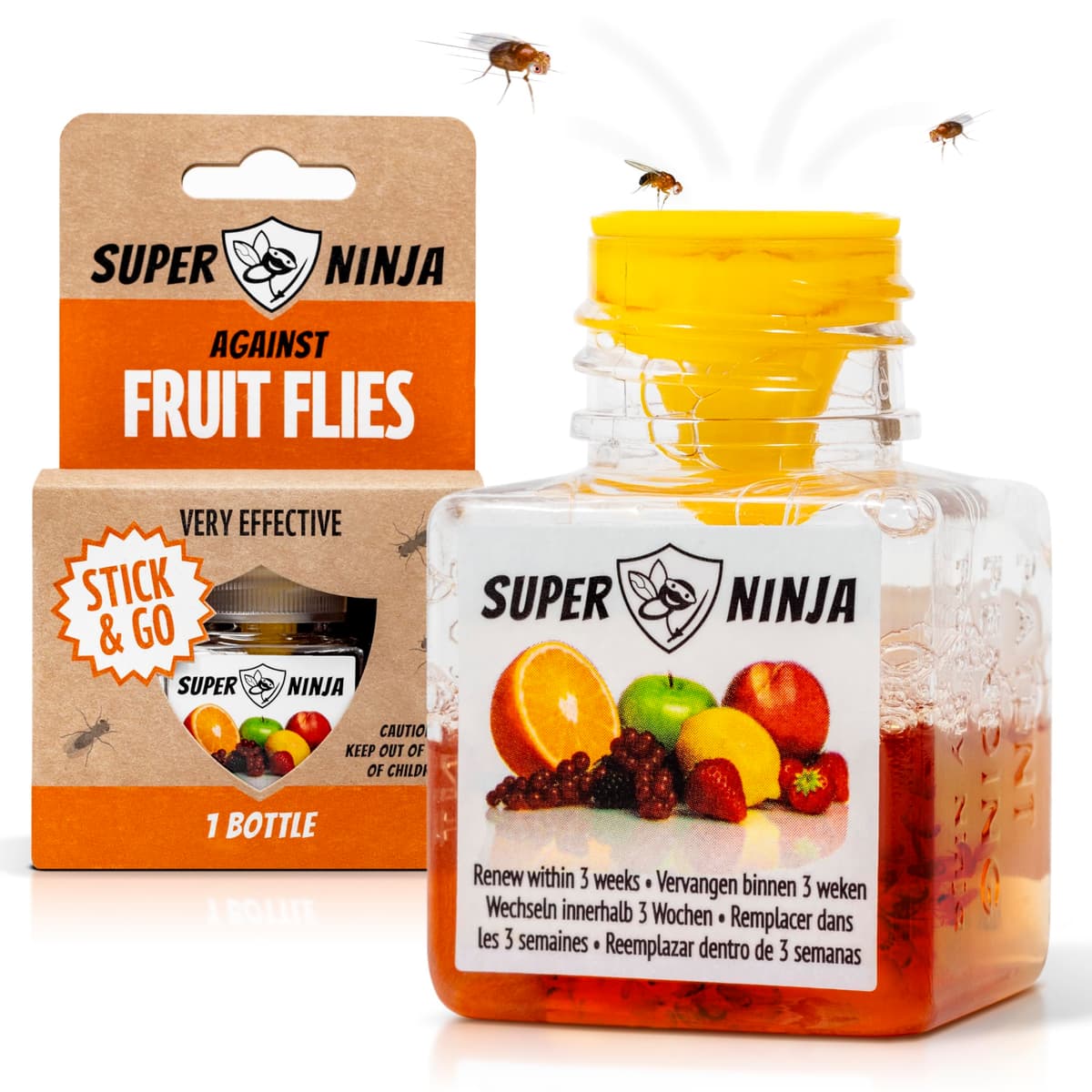 Super Ninja Fruit Fly Trap - 1 pack, Highly Effective Fruit Fly Killer for Home & Kitchen, Up to 3 Weeks of Performance per Bottle, Child & Pet Friendly 1 Trap