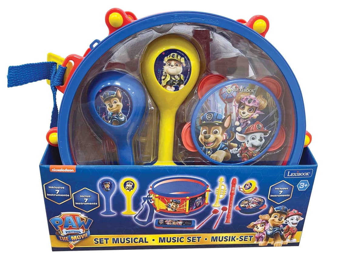 Lexibook, Paw Patrol, Set de 7 Instrumentos Musicales (Tambor, Maracas, Castañuela, Armónica, Flauta Dulce, Trompeta, Pandereta), Juguete Musical, Cómodo Juego para Llevar, Azul/Amarillo, K360PA