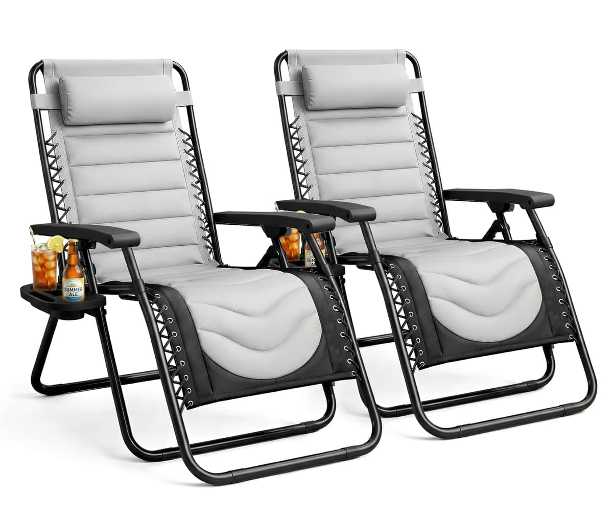 KEPLIN Set of 2 XXL Premium Heavy Duty Padded Two Tone Zero Gravity Chairs - Luxurious Garden Recliners, Adjustable Headrest, Cup & Phone Holder, Foldable, Patio Sun Loungers - 150kg Weight Capacity