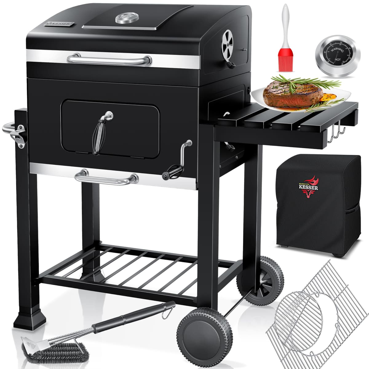 KESSER® Parilla de Carbón con Carrito Grill con Tapa, Ruedas, Mango de Acero Inoxidable | Barbacoa, Cepillo, Cubierta y Termómetro Carbón Wagen Grande BBQ Barbacoa Camping, Jardín XL Negro