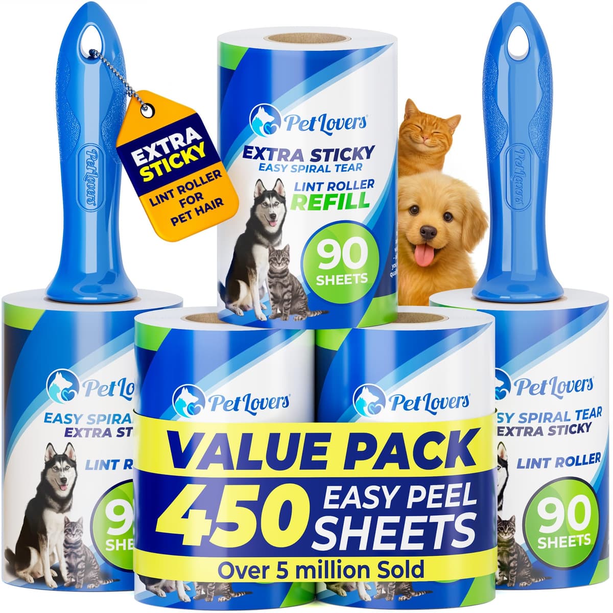 PetLovers Extra Roll of Adhesive Lint Set of 450 Sheets for Pet Hair Removal Lint Remover for Dogs and Cats Pack of 5