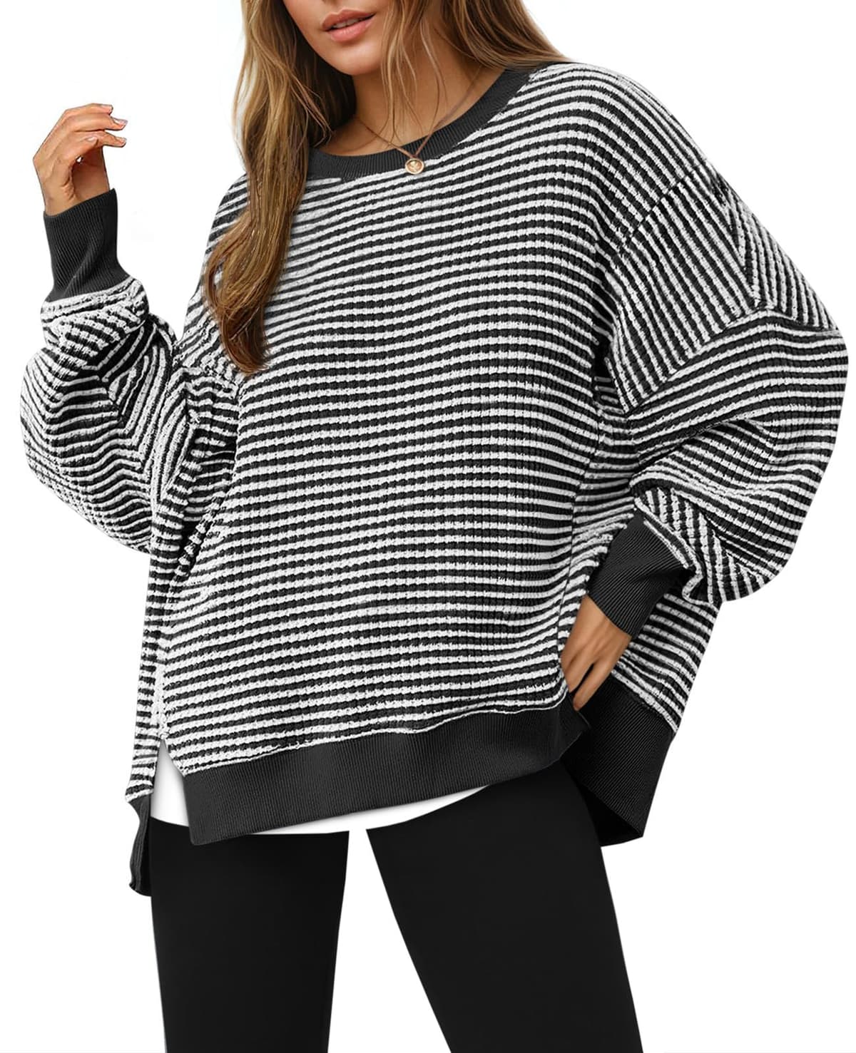 Sudadera de otoño de gran tamaño para mujer, informal, de punto gofre, manga larga, cuello redondo, dividida, túnica