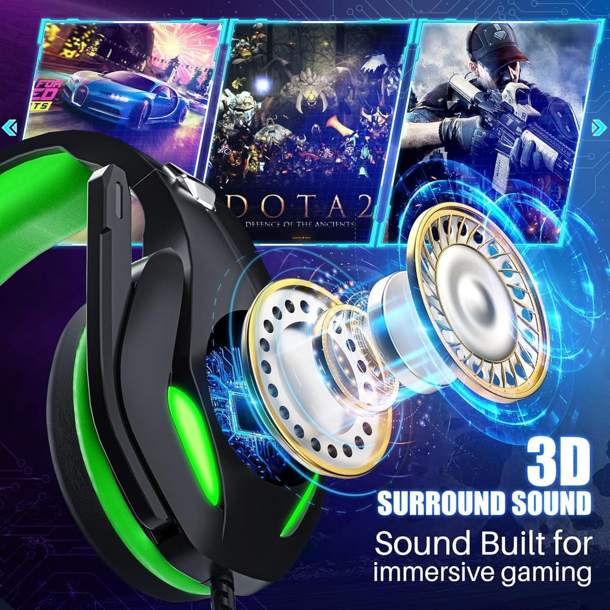 Gaming Headset with Microphone for Xbox PS5 PS4 PC - 3.5mm Jack Wired Headphones with Noise Cancelling Mic & LED - 50mm Audio Drivers & Soft Earpads Black Green