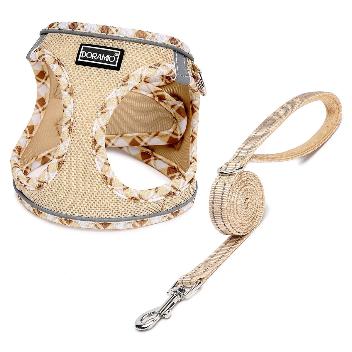 DORAMIO Arnés Perro Pequeños, Arnés Antitirones Reflectante Cómodo Transpirable Arneses Chaleco para Perros Pequeños Gatos, Cachorros (XXS, Beige)