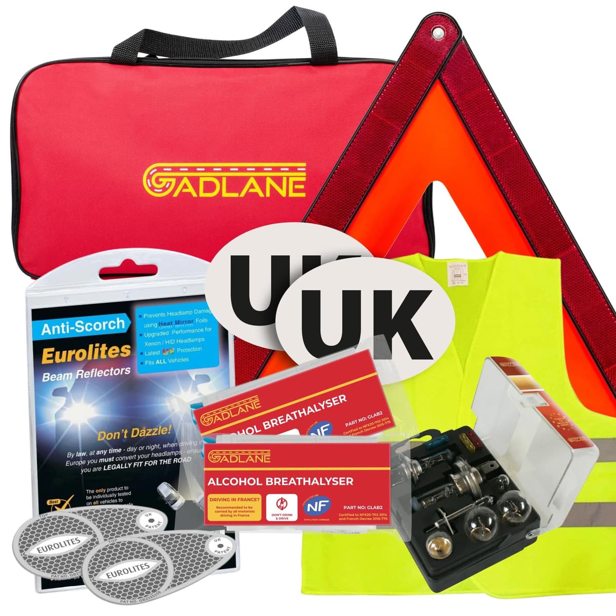 GADLANE European Driving Kit France - 8 PCS Europe Car Travel Kit - NF Approved Alcohol Breathalysers, Warning Triangle, UK S