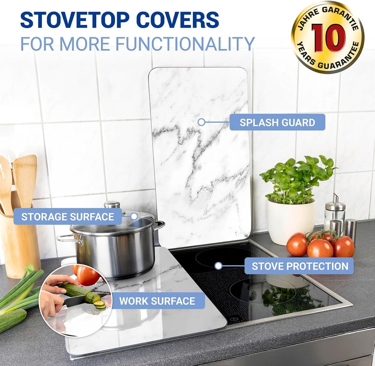 WENKO Placas protectoras para cocina Mod Mármol, ajustable en altura para todo tipo de cocinas, tabla de cortar y protector contra salpicaduras, vidrio, 30 x 52 cm, juego de 2