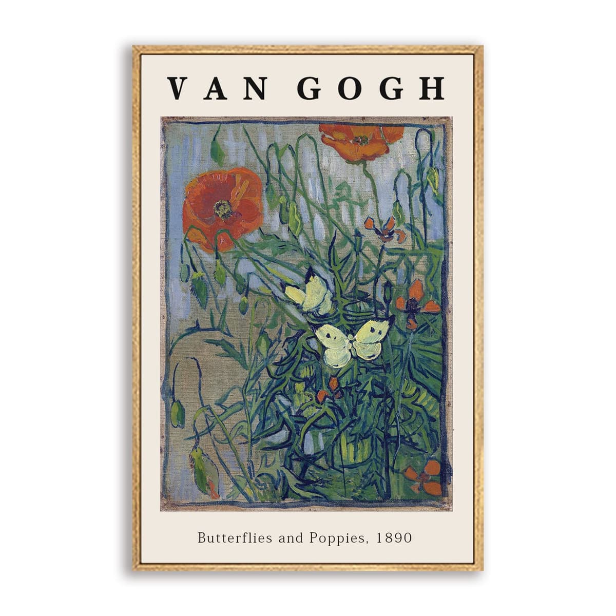 Vincent Van Gogh Framed Wall Art Print Butterflies And Poppies Flowers by Van Gogh Canvas Prints Painting Reproduction for Living Room Bedroom Kitchen Office Home Decor 12"x16" Natural Framed