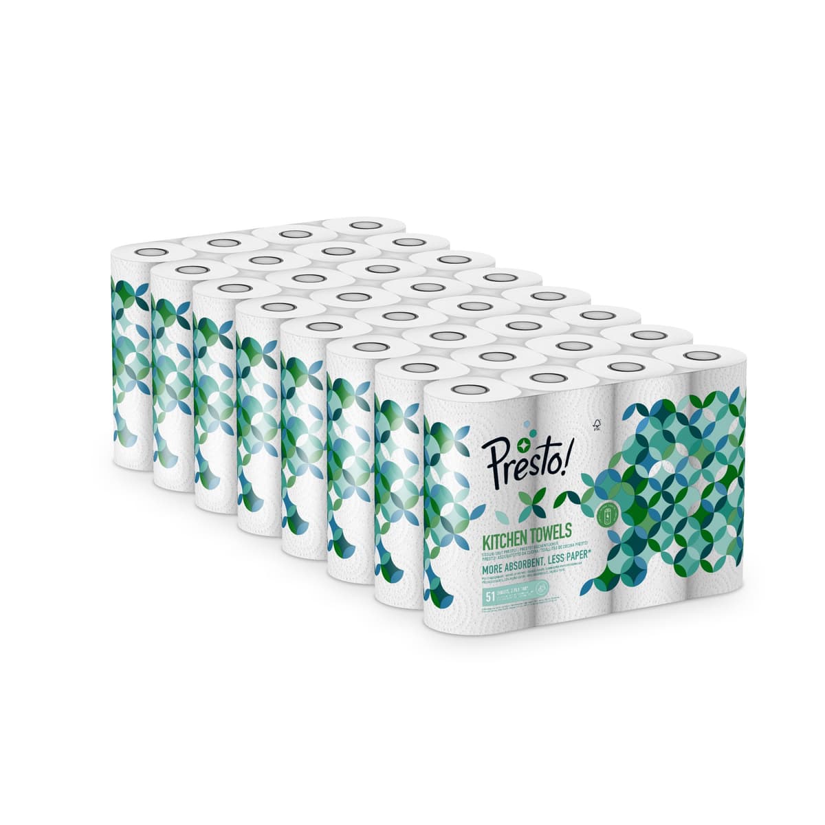 Amazon Brand - Presto! TAD Kitchen Roll, Extra Absorbent, 1632 sheets, 32 Count (8 Packs of 4), 51 Sheets per Roll, Wring and Reuse, FSC Certified, White