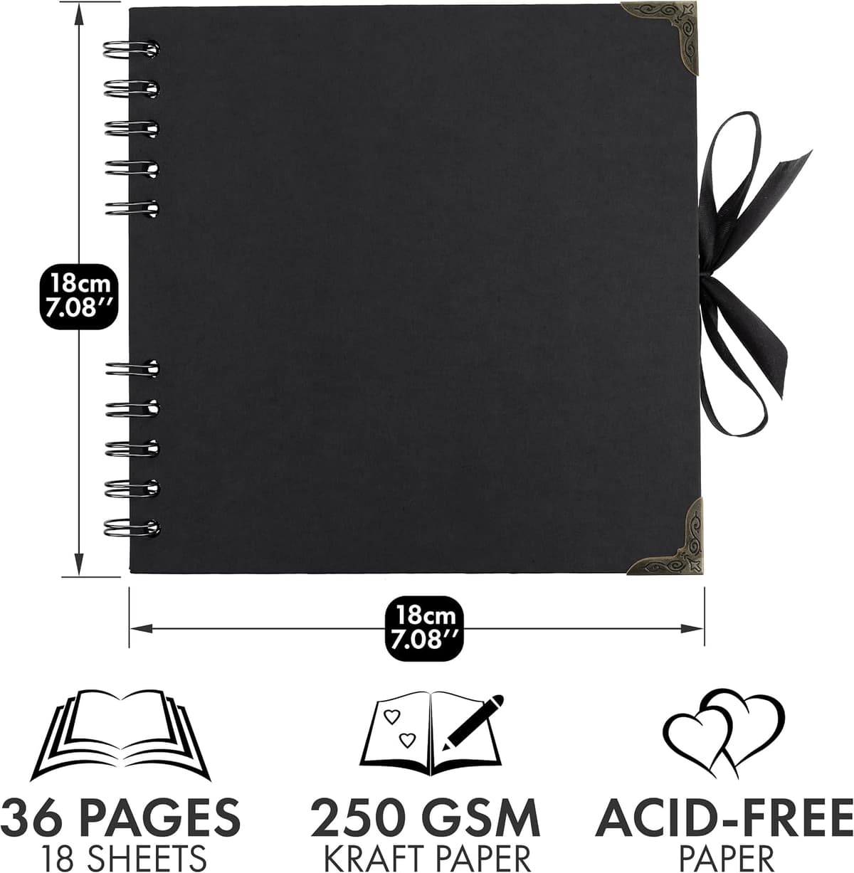 Bstorify Square Scrapbook Photo Albums 36 Pages (18 x 18 cm) Black Thick 250gsm Kraft Paper Scrap Book, Ribbon Closure - Idea