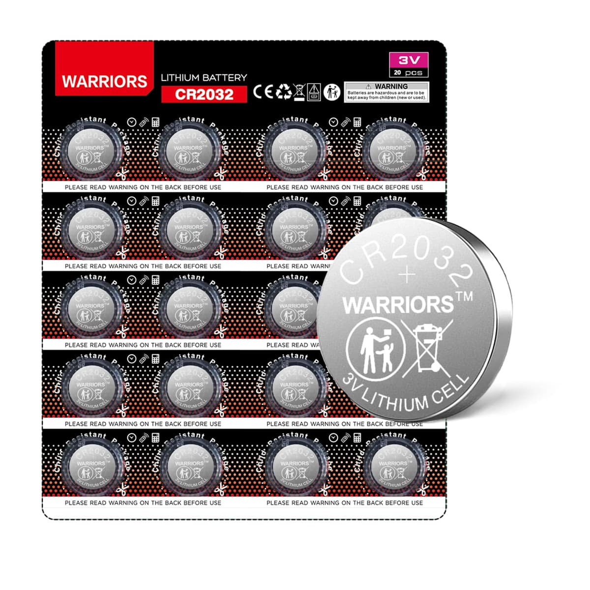 Warriors 20X CR2032 2032 Pilas de Litio de 3V Tipo Botón, Empaque Seguro para Niños, para Dispositivos Electrónicos y Llaves de Coche