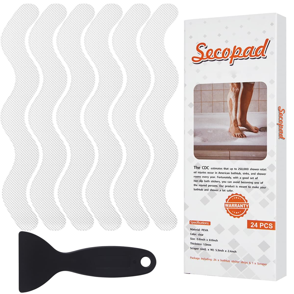 Secopad Pegatinas Antideslizantes para Ducha, 24 unidades, Tiras Adhesivas de Seguridad para Bañera, Ducha, Escaleras, Raspador Incluida (Transparente)