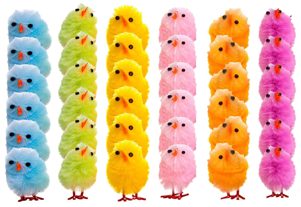 36pc Easter Chicks for Craft - Coloured Small Fluffy Easter Chick Decorations 6 Colours Included - Colourful Little Baby Chic
