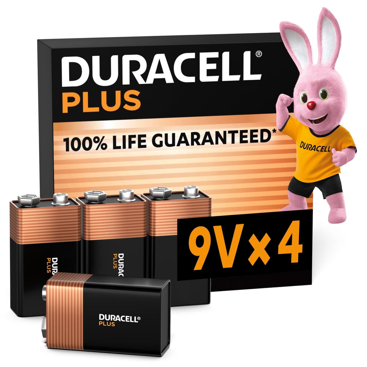 Duracell Plus 9V Batteries (4 Pack) - Alkaline - 100% Life Guaranteed - Reliability For Everyday Devices - 0% Plastic Packaging - 5-Year Storage - 6LR61 MN1604