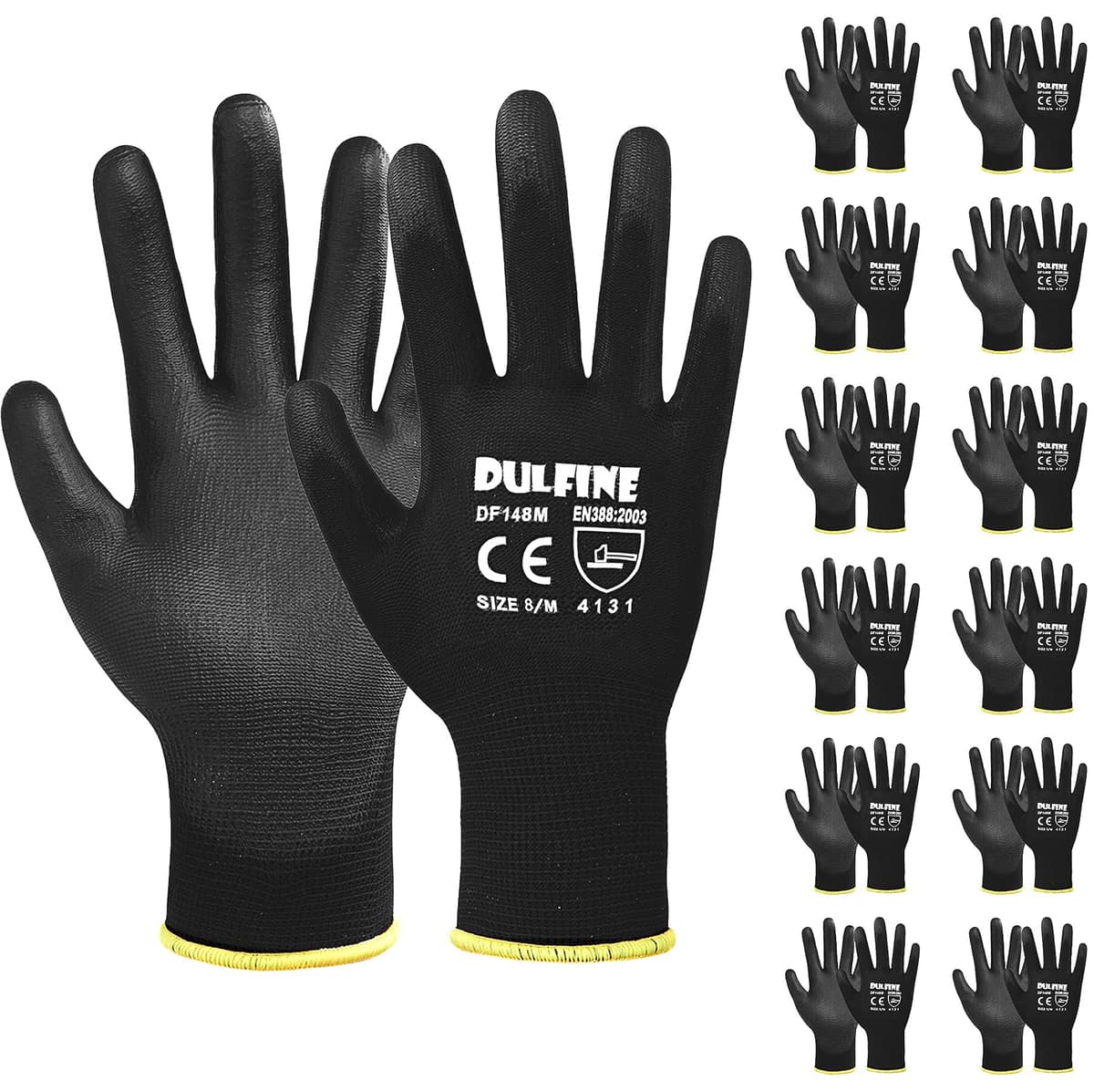 DULFINE Ultra-Thin PU Coated Work Gloves-12 Pairs,Excellent Grip,Nylon Shell Black Polyurethane Coated Safety Work Gloves, Knit Wrist Cuff,Ideal for Light Duty Work. (X-Small)