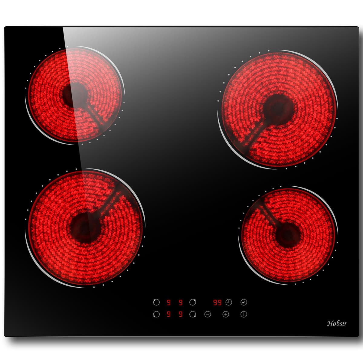 Hobsir hob Ceramic Hob 60 cm Electric Hob 4 Zone with Touch Control 6000W 9 Power Levels Safety Lock Auto switch off safety Residual heat indicator Hard Wire, No Plug Included