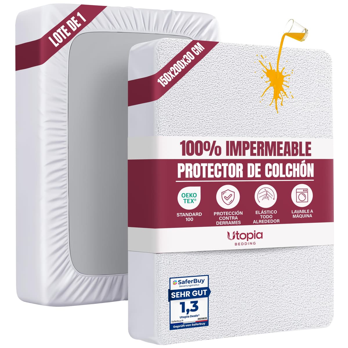 Utopia Bedding Protector Colchón 150 x 200 x 30 cm Impermeable, Certificación Oeko-Tex Funda Colchón, Cubre Colchón Transpirable, Elástico En Todo El Contorno