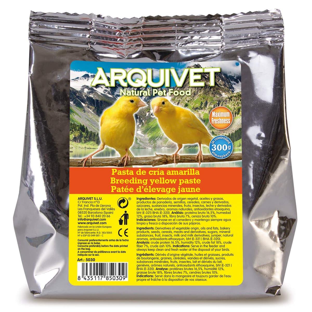 ARQUIVET - Pasta de cría Amarilla y Mantenimiento para pájaros 300 gr - Sabor Neutro - Comida para Todo Tipo de Aves y Especialmente de Plumaje Amarillo